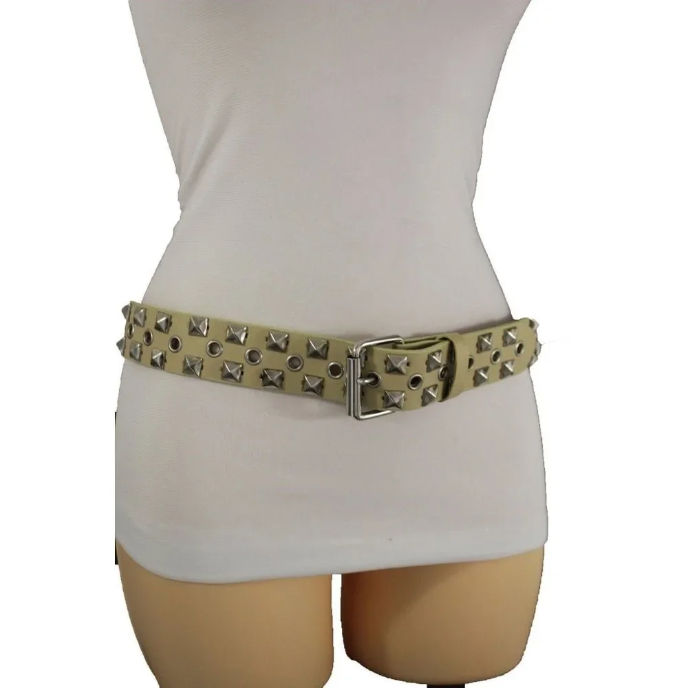 New Women Men Fashion Belt Beige Faux Leather Silver Metal Studs Size S M L XL - Picture 13 of 17